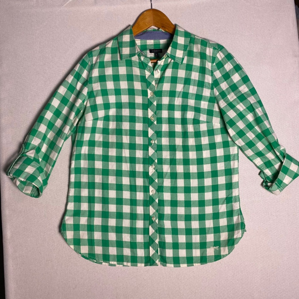 Talbots Green Gingham Metallic Gold Pinstripe 3/4 Sleeve Button Down Shirt M